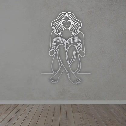 Bookish Girl Minimalist Line Art in Brush silver finish