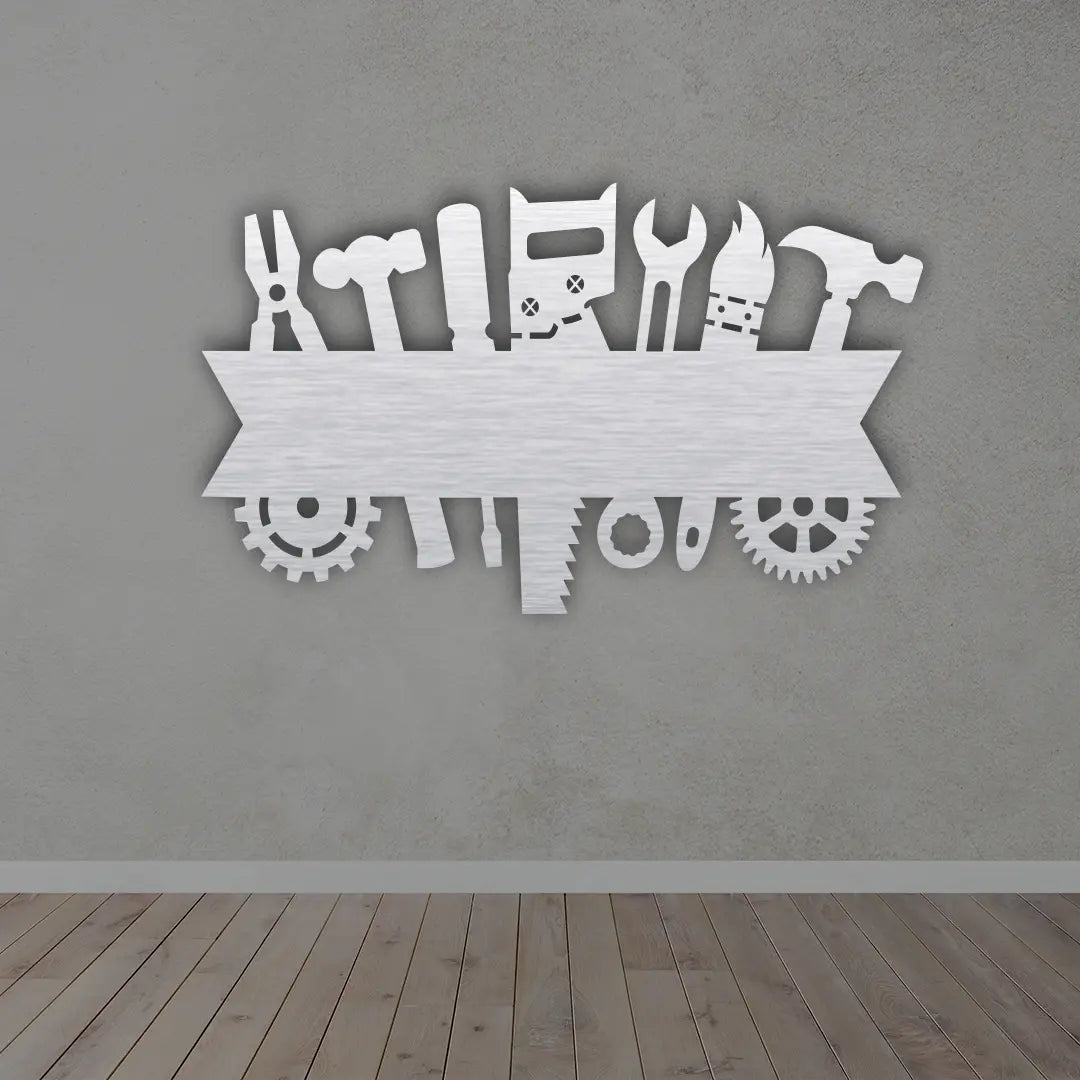 Custom Metal Garage Signs in Silver colour mounted on wall 