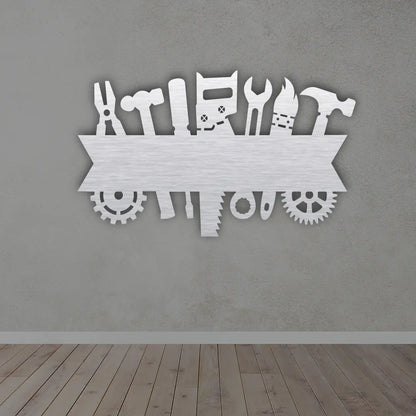 Custom Metal Garage Signs in Silver colour mounted on wall 