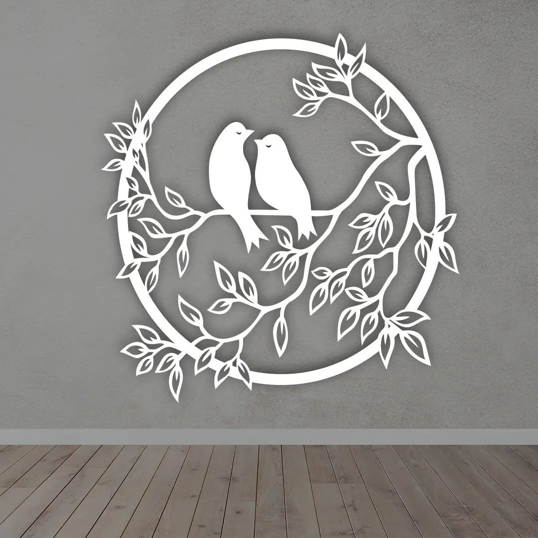 Bird On Branch Round metal Wall Art  in White colour