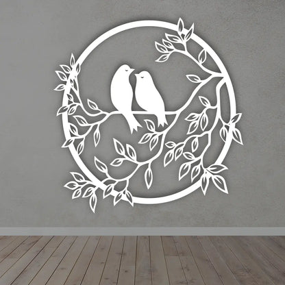 Bird On Branch Round metal Wall Art  in White colour