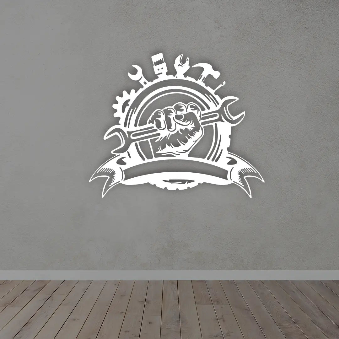Custom Mechanic Metal Sign in White colour mounted on wall 