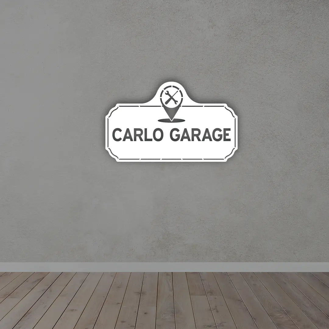 Custom Garage Name Metal Sign in White Colour mounted on wall