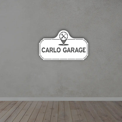 Custom Garage Name Metal Sign in White Colour mounted on wall