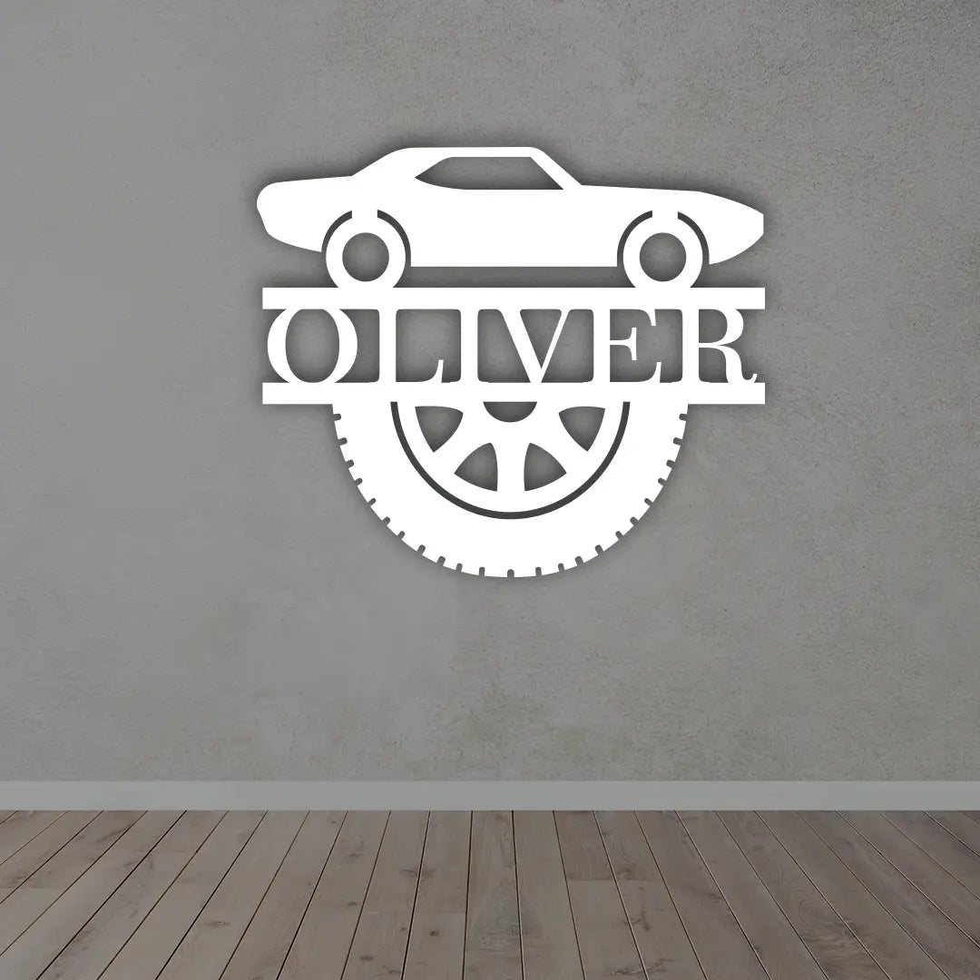 Custom Car Metal Sign in White colour mounted on wall 