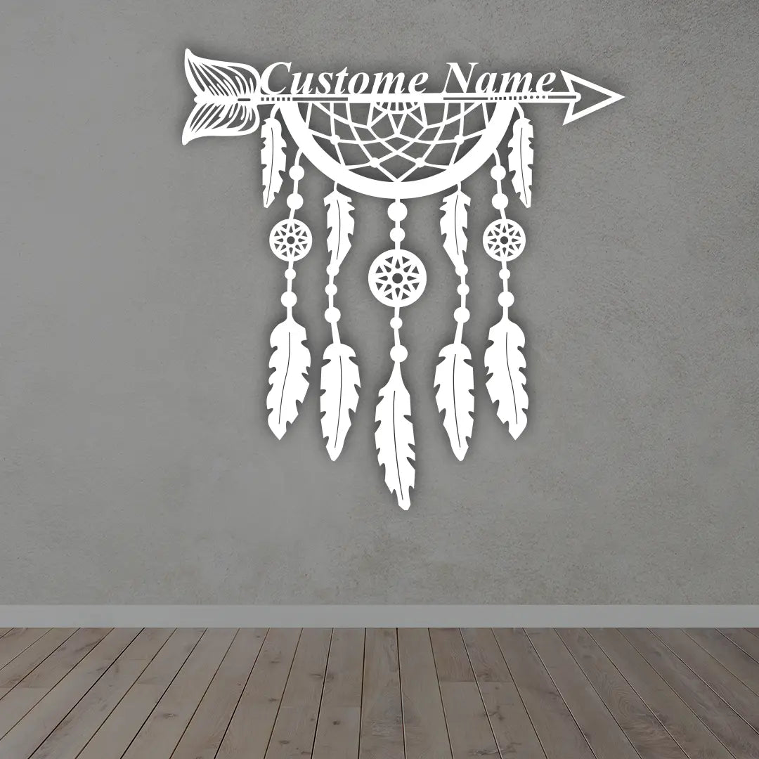 Personalized Dream Catcher Metal Sign in White Colour mounted on wall 