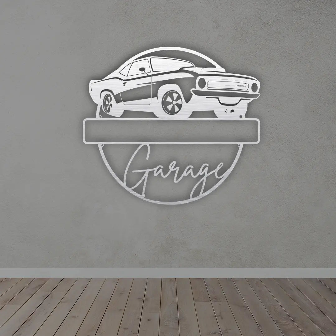 Personalized Metal Garage Sign in silver colour mounted on a garage door