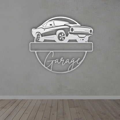 Personalized Metal Garage Sign in silver colour mounted on a garage door