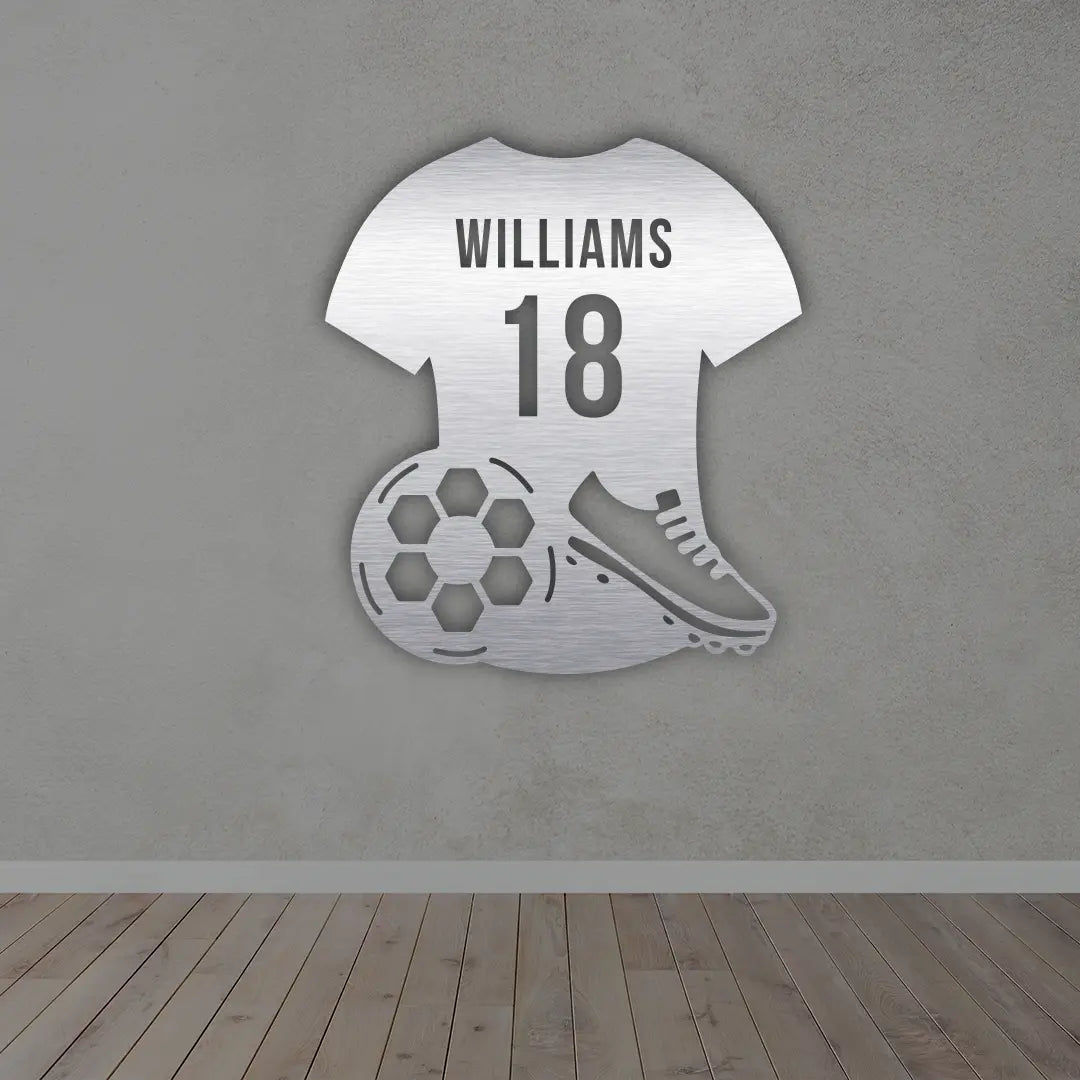 Personalized Soccer Jersey Monogram Metal Sign in silver colour mounted on wall