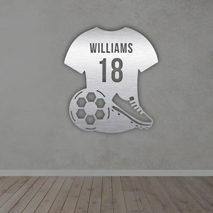 Personalized Soccer Jersey Monogram Metal Sign in silver colour mounted on wall
