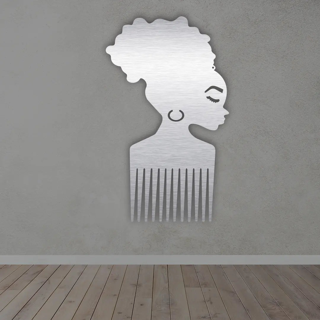 Afro Comb Metal Sign in Silver finish