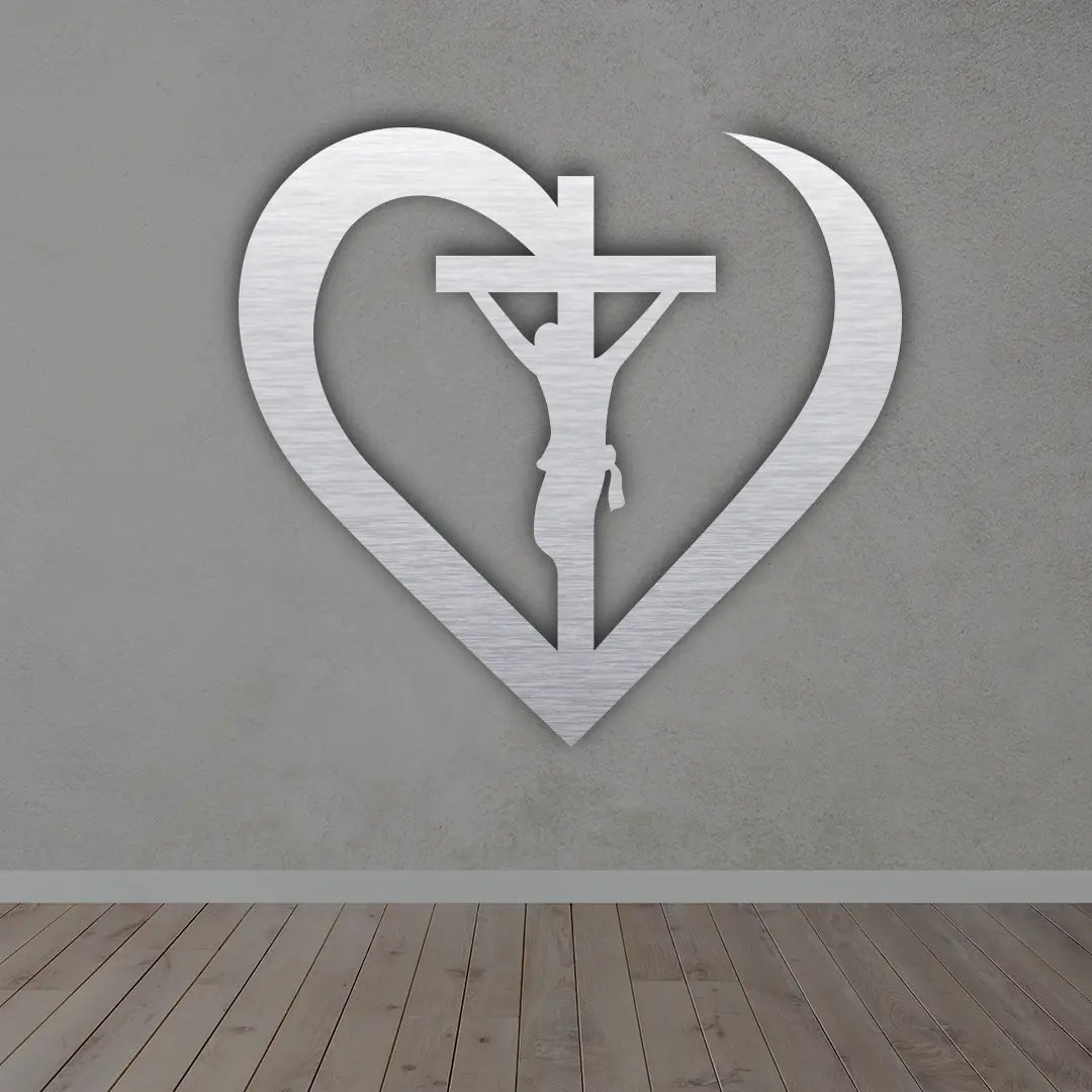 Cross in a Heart Metal Wall Art in silver colour