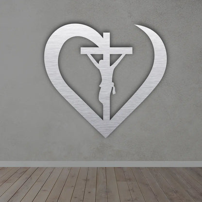 Cross in a Heart Metal Wall Art in silver colour