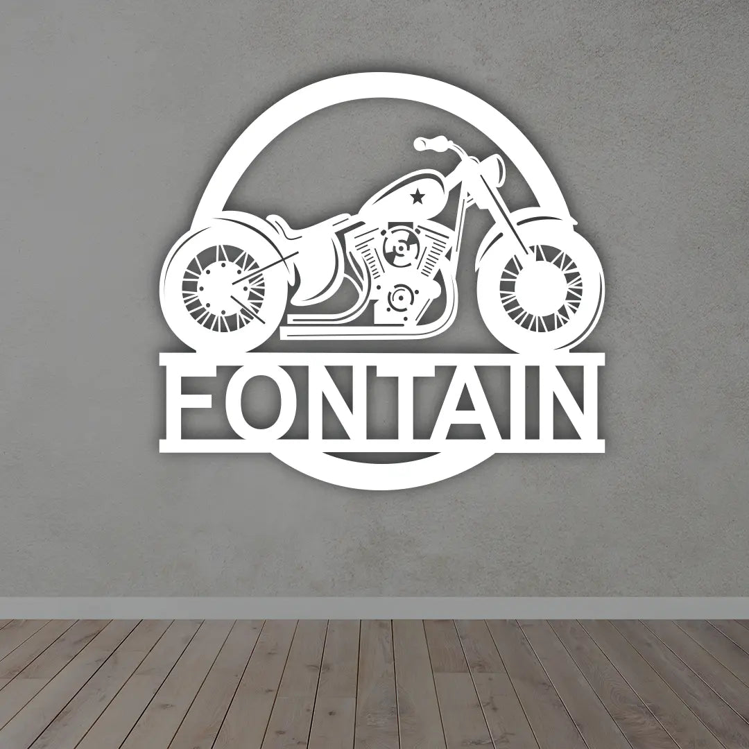 Personalized Bike Metal Name Sign in White colour mounted on wall 