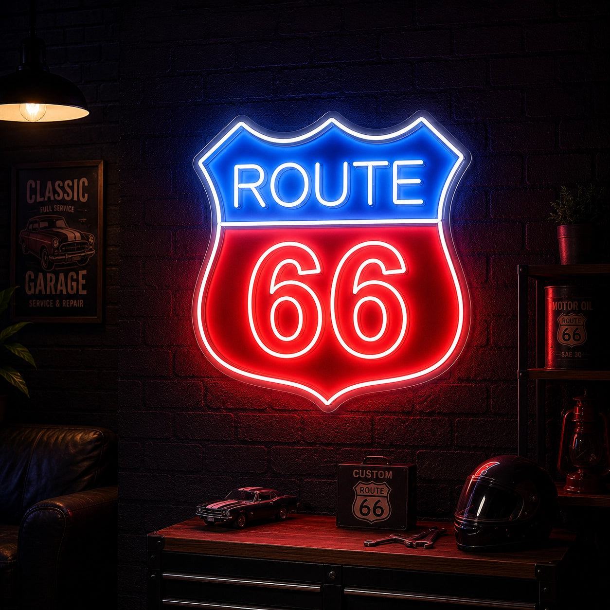 Route 66 Vintage Neon Sign in Red blue color