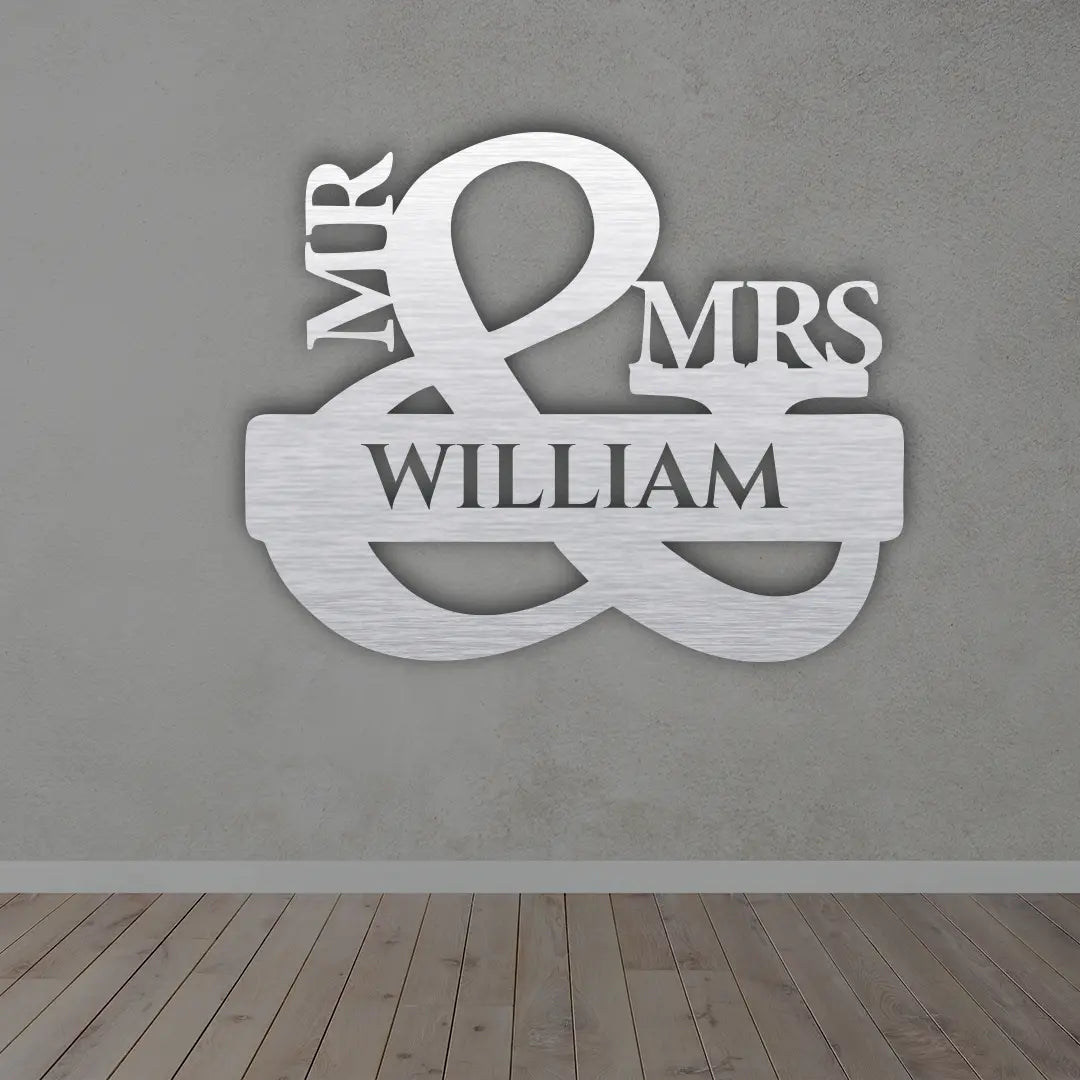 Mr & Mrs Personalized Metal Sign in Silver colour mounted on wall