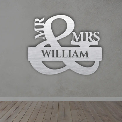 Mr & Mrs Personalized Metal Sign in Silver colour mounted on wall