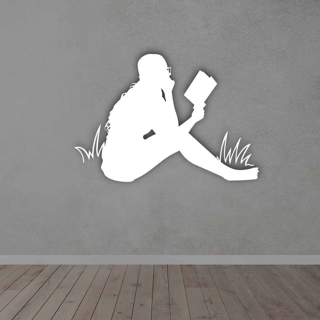 Woman Reading Book Minimalist Metal Wall Art in white colour 