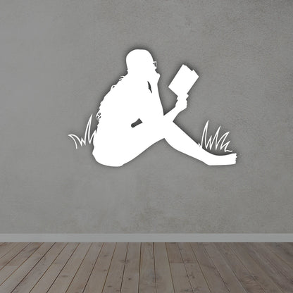 Woman Reading Book Minimalist Metal Wall Art in white colour 