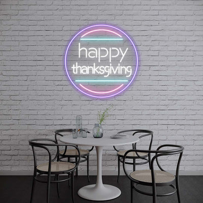 Happy Thanksgiving neon sign in purple and warm white circle on white brick wall