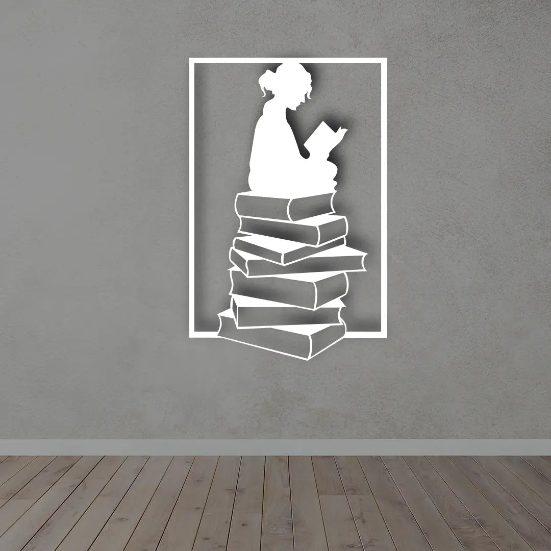 Girl Reading Books Metal Wall Art Sign in White color