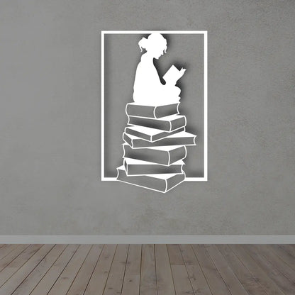 Girl Reading Books Metal Wall Art Sign in White color