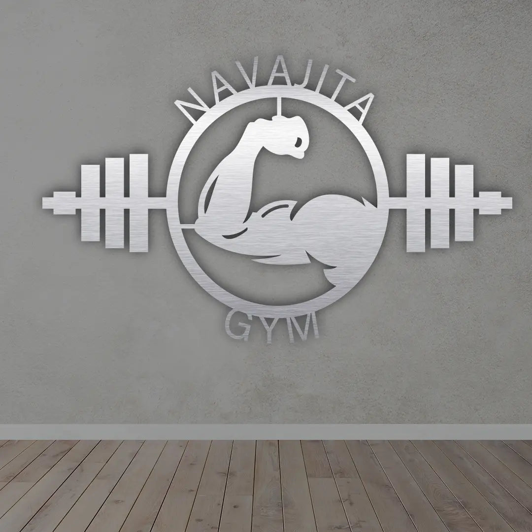 Personalized Muscle Gym Metal Sign in silver colour mounted on wall 