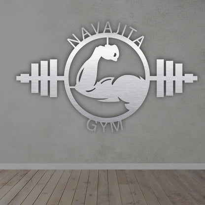 Personalized Muscle Gym Metal Sign in silver colour mounted on wall 