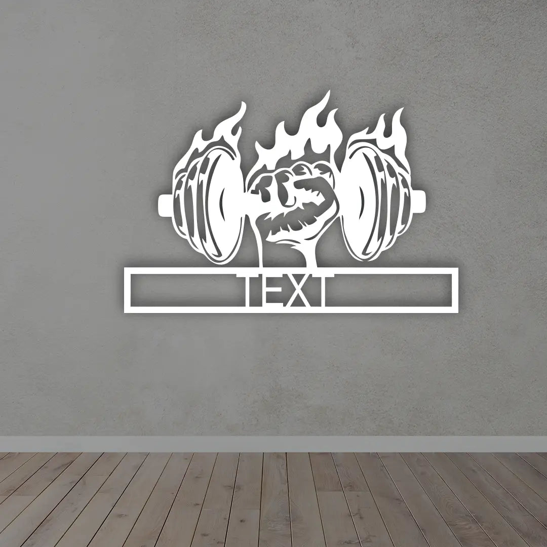 Hand With Dumble Custom Metal Sign in White Colour Mounted on wall 