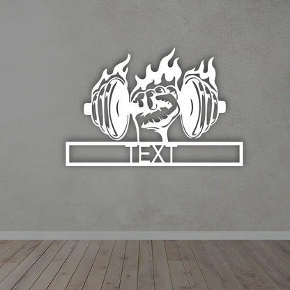 Hand With Dumble Custom Metal Sign in White Colour Mounted on wall 