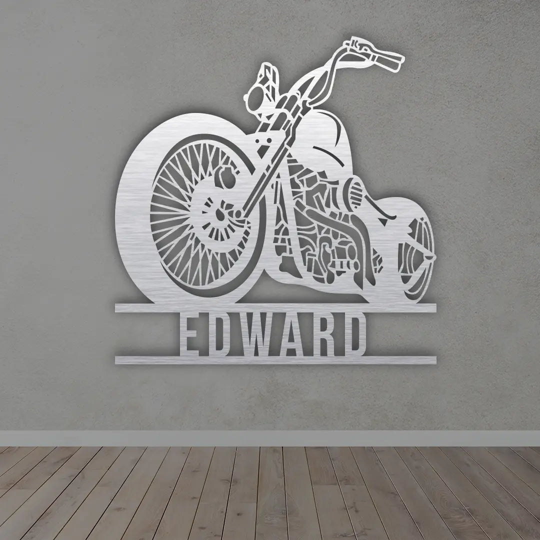 Personalized Motorcycle Metal Sign in Silver colour mounted on wall