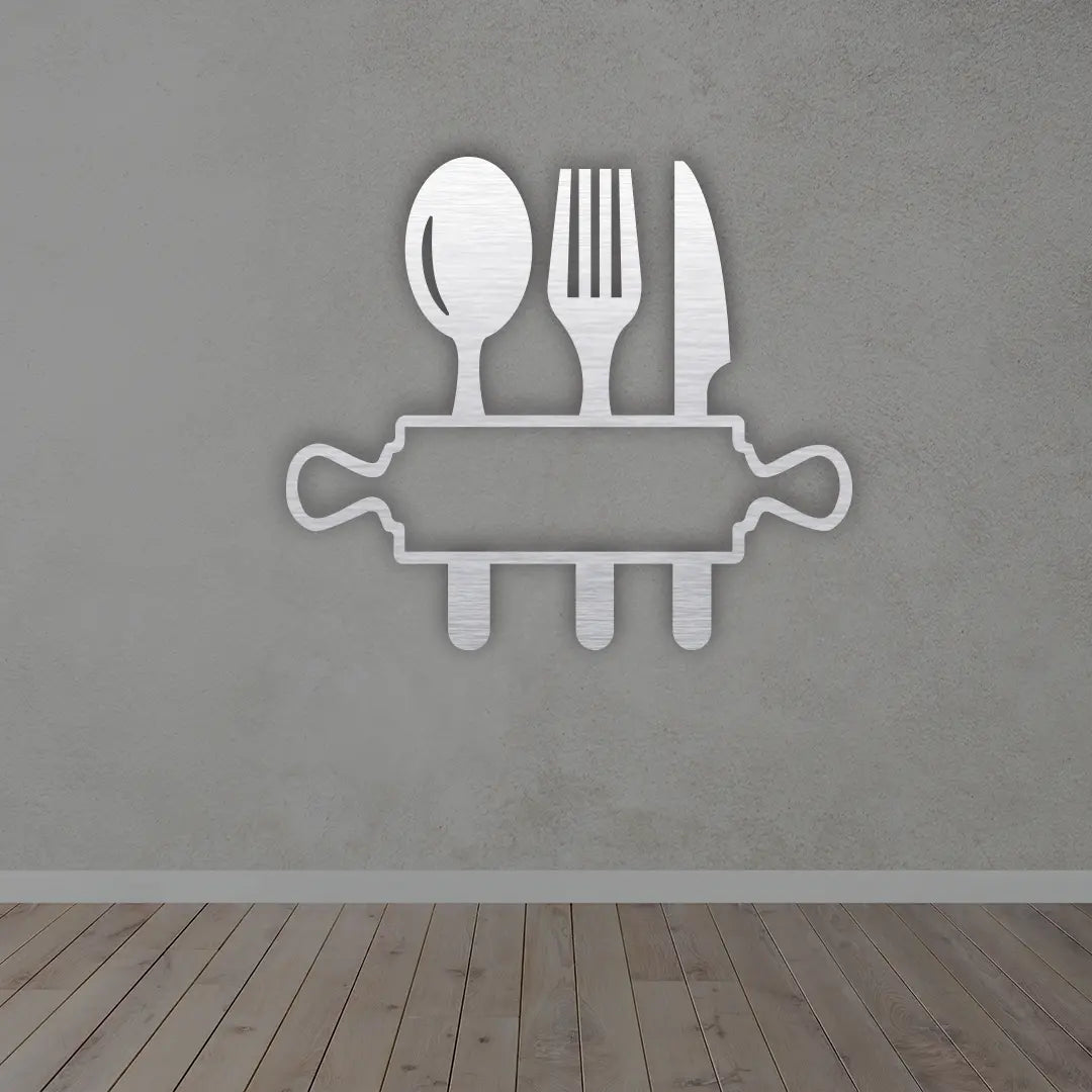 Personalize Kitchen Metal Sign in Silver Colour mounted on wall 