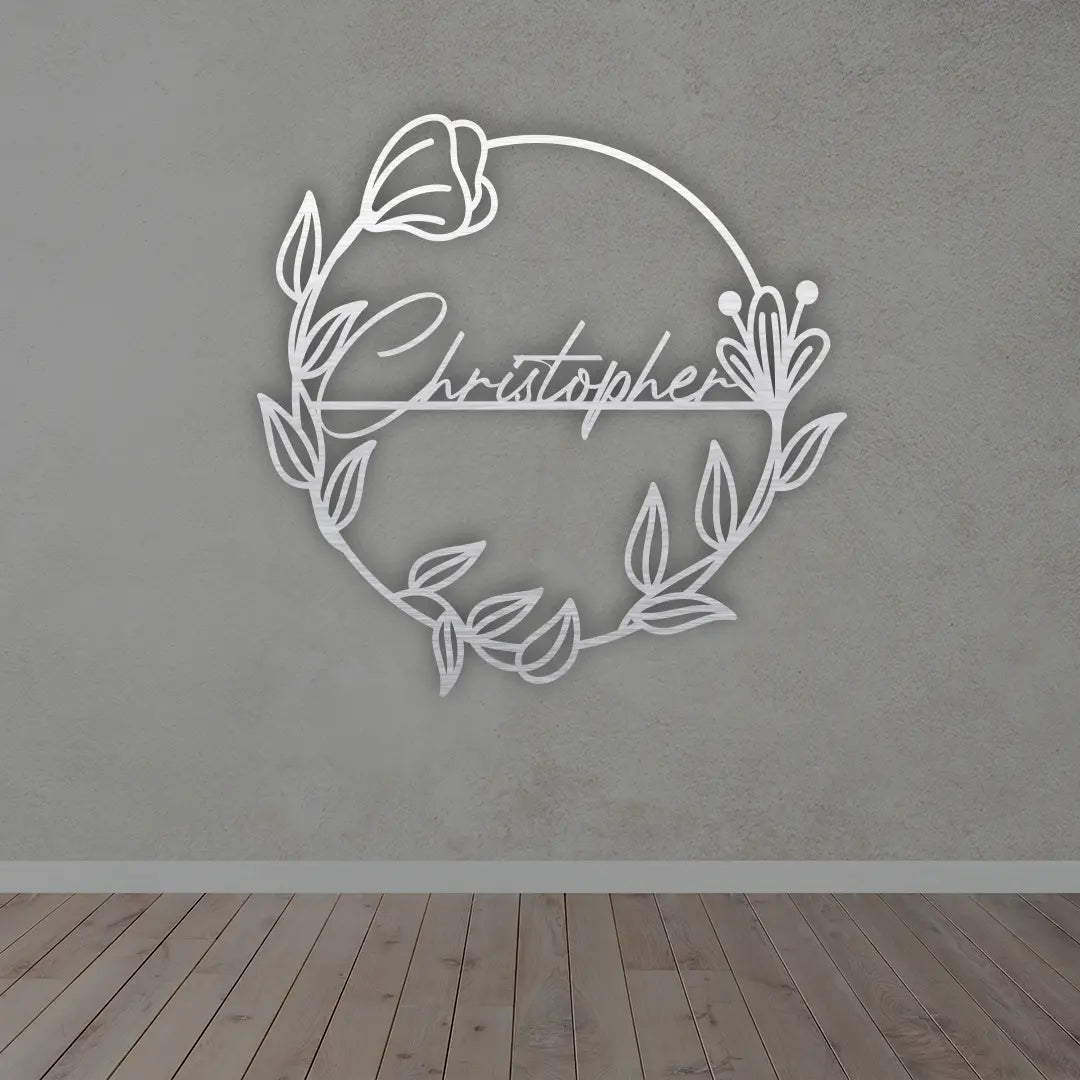 Personalized Floral branch Metal Name Sign in Silver colour mounted on wall 