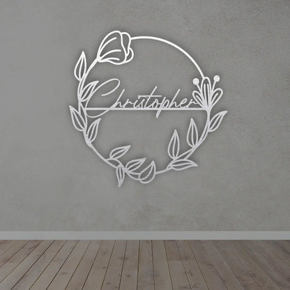 Personalized Floral branch Metal Name Sign in Silver colour mounted on wall 