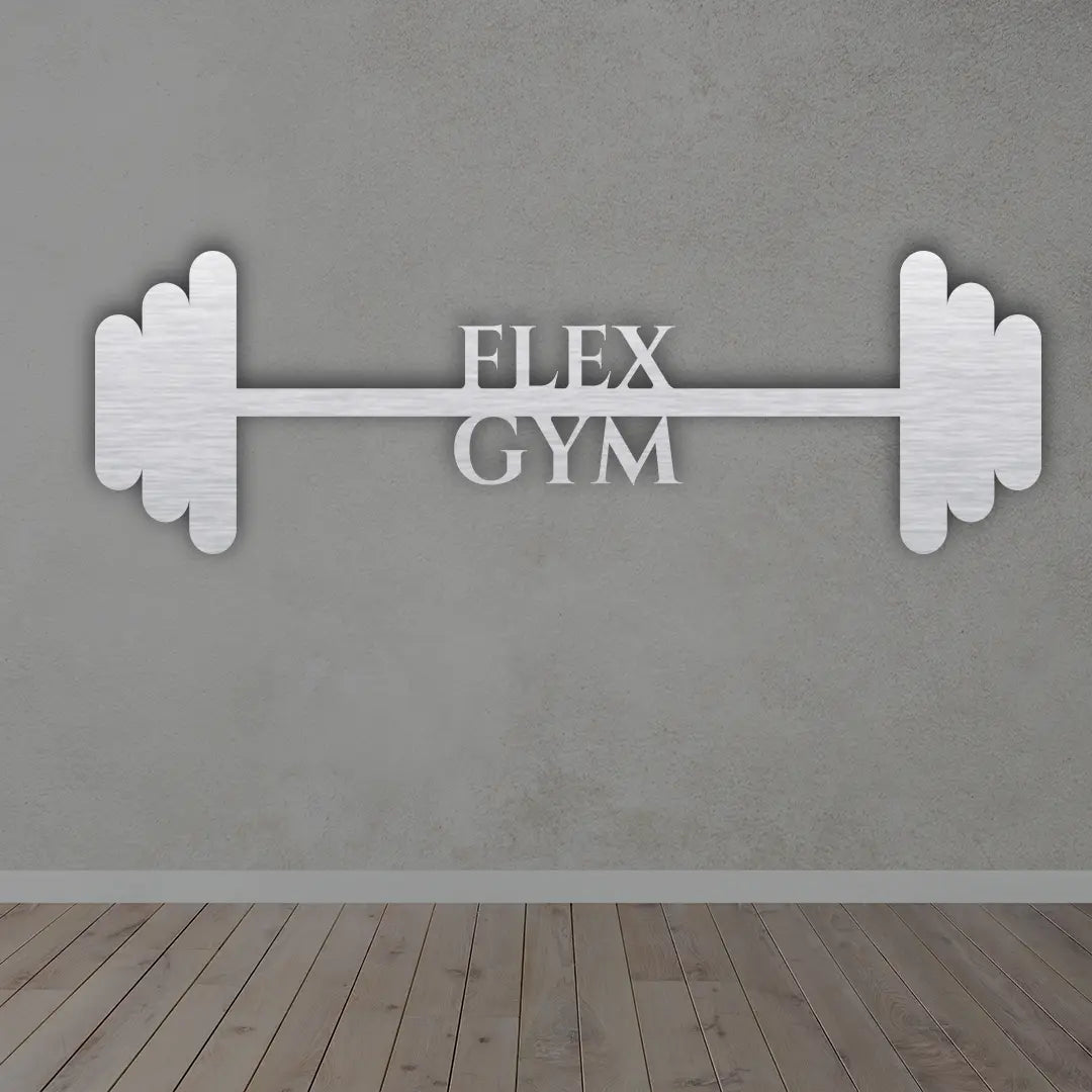 Personalized Barbell Rod Gym Metal Sign in Silver colour mounted on wall 