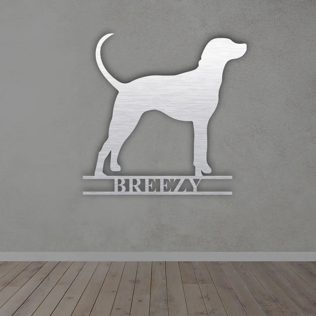 Personalize Dog Metal Sign in Silver colour mounted on wall 