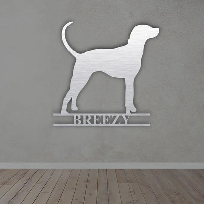 Personalize Dog Metal Sign in Silver colour mounted on wall 