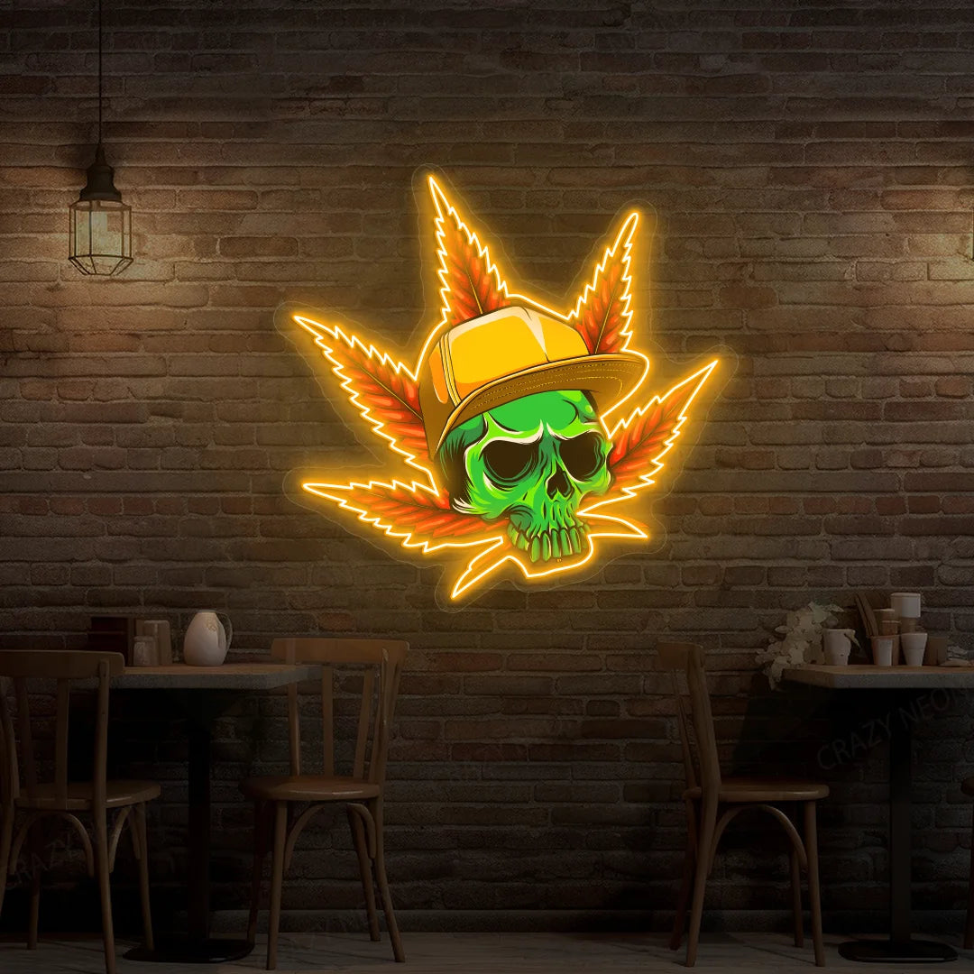 Skull Cap Weed Leaf Neon Artwork in Orange Color