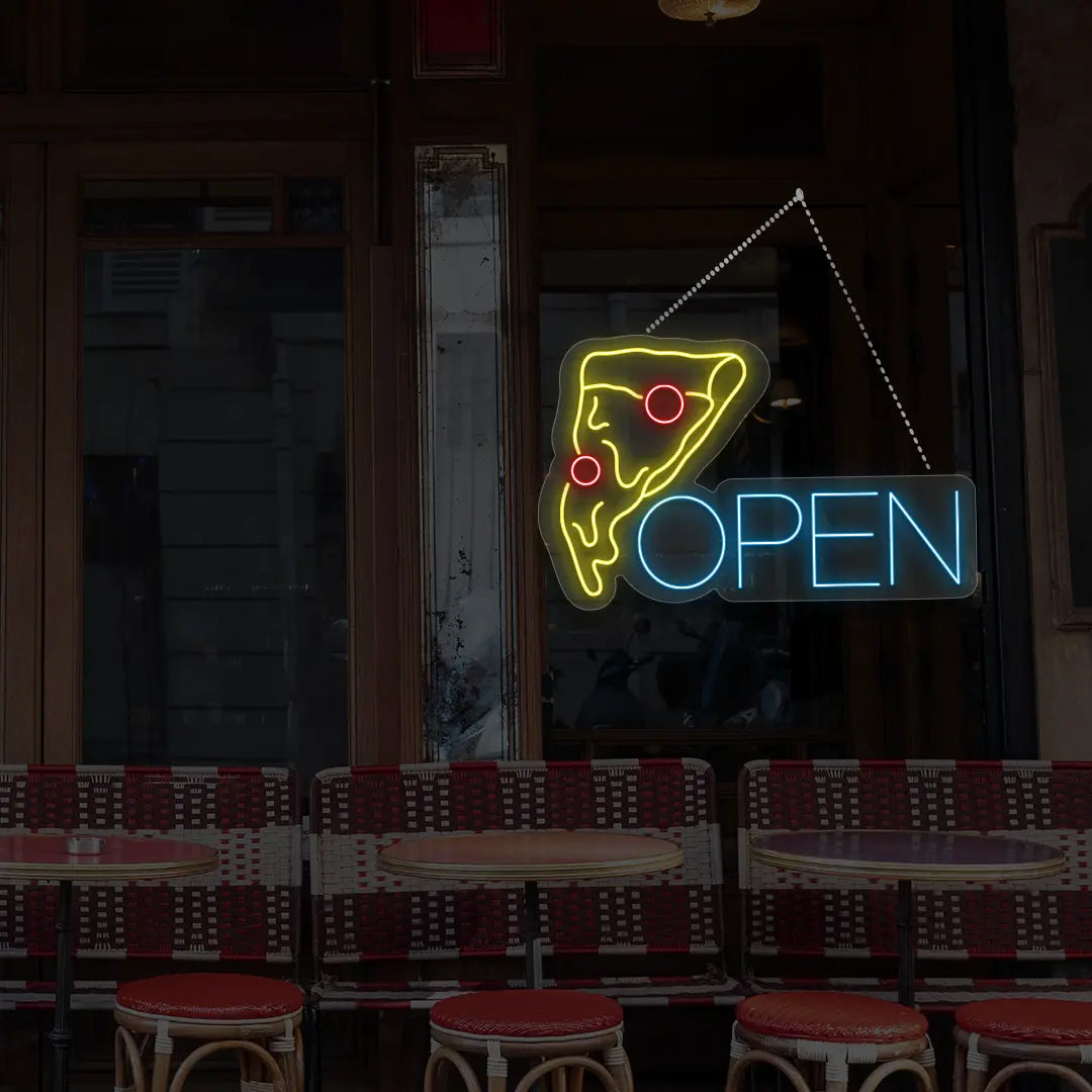 ice blue pizza open neon sign hanging on a window
