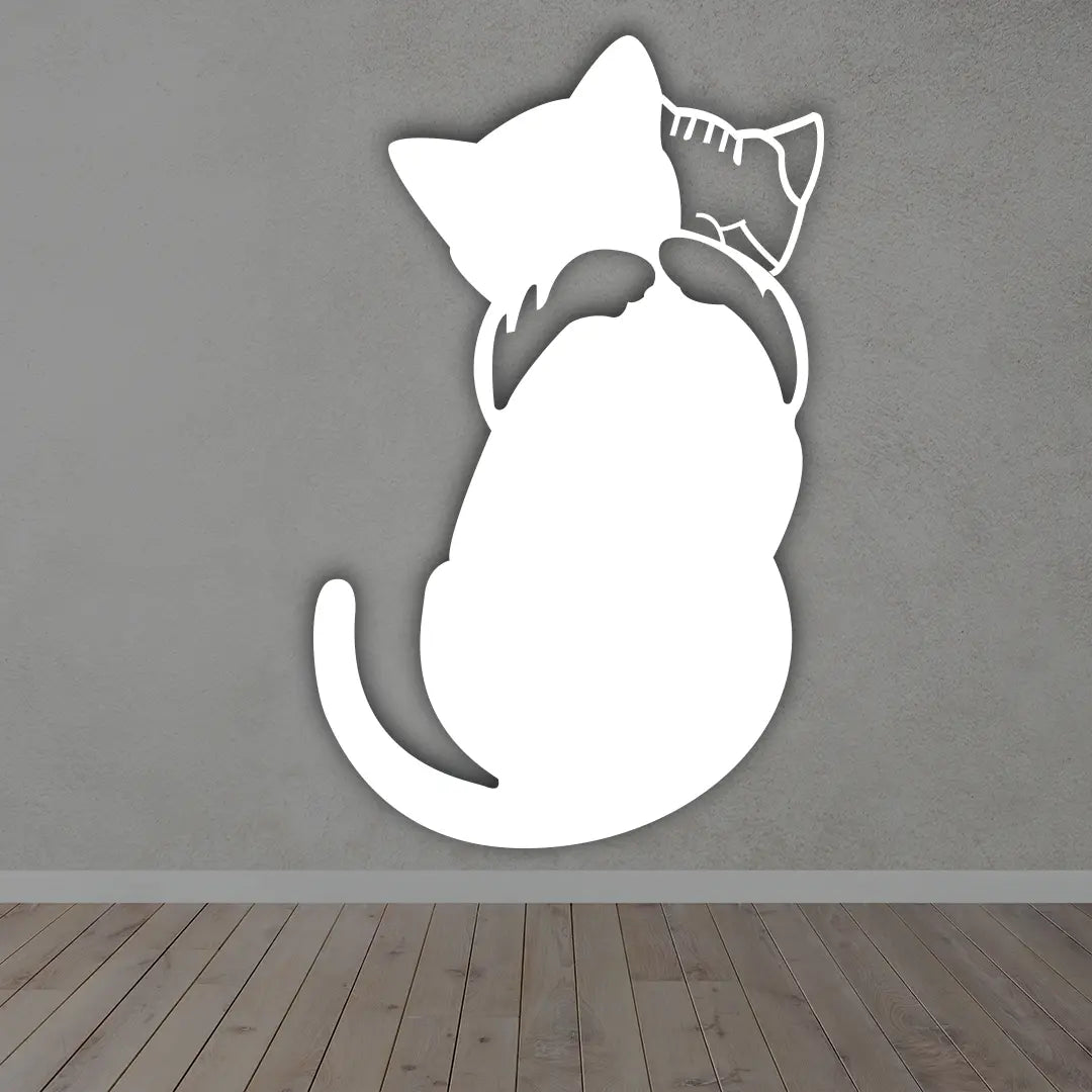 Cat Hug Metal Wall Art Sign in White Color