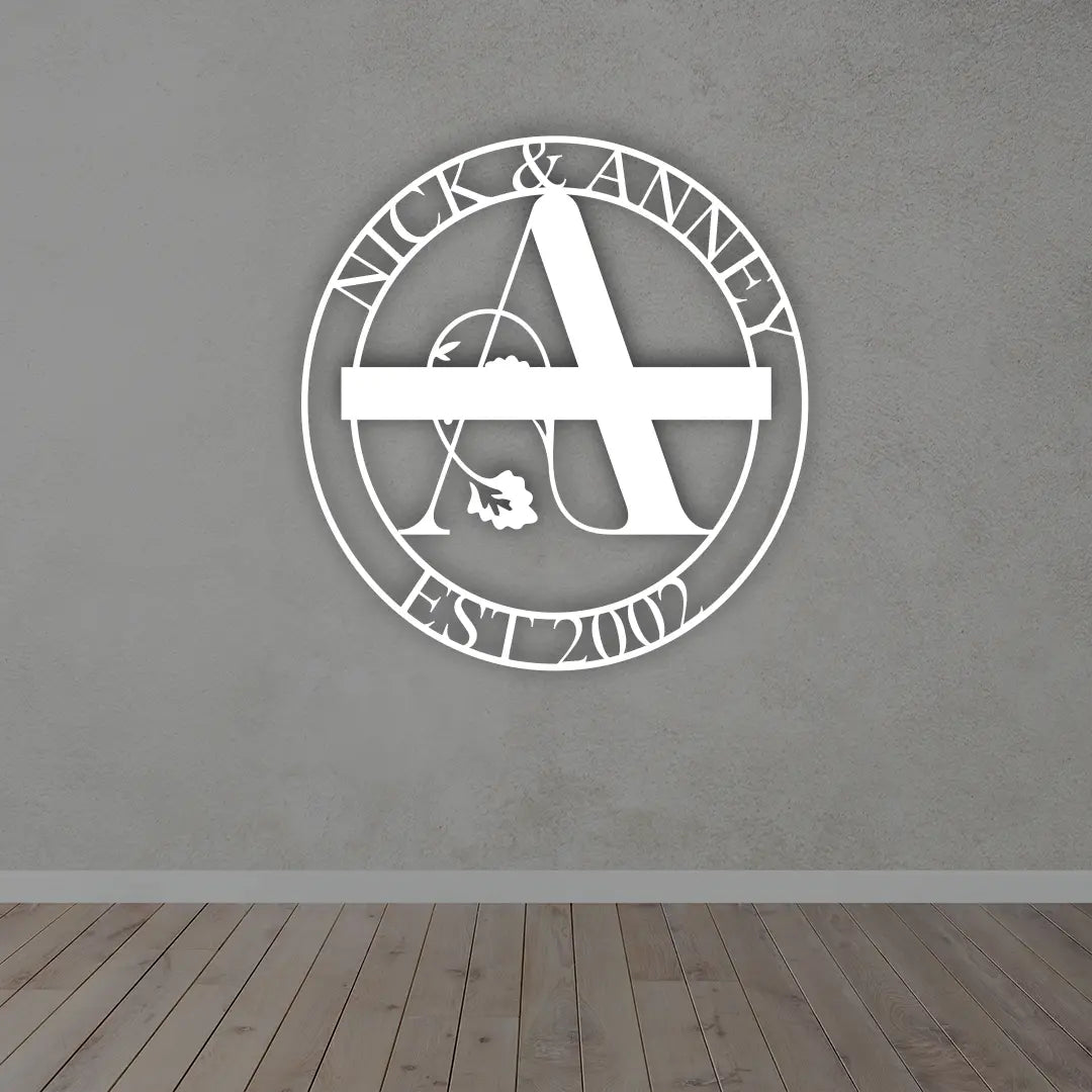 Personalized Family Name Metal Sign in White colour mounted on wall