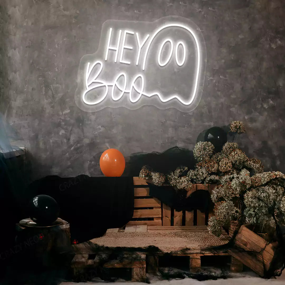 Hey Boo Ghost Neon Sign | White
