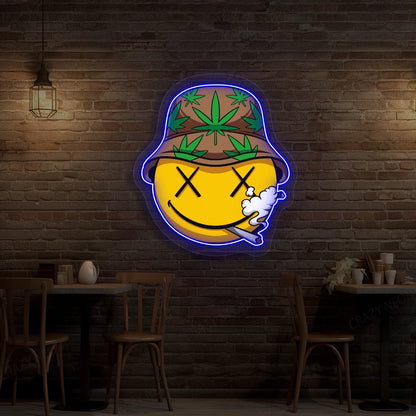 Smiley Stoner Weed Neon Artwork in Blue Color