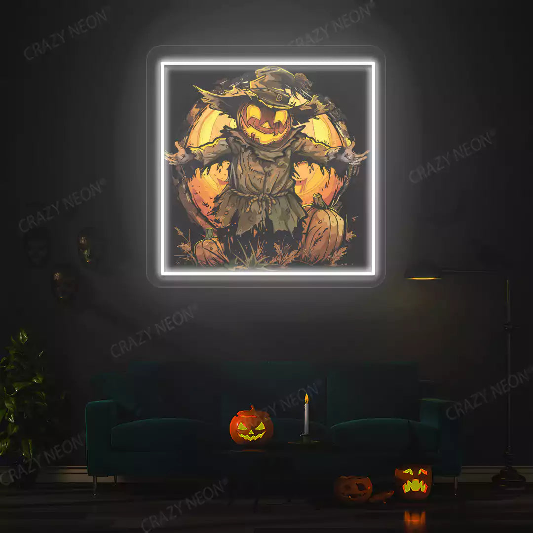 Pumpkin King Scarecrow Neon Artwork | White