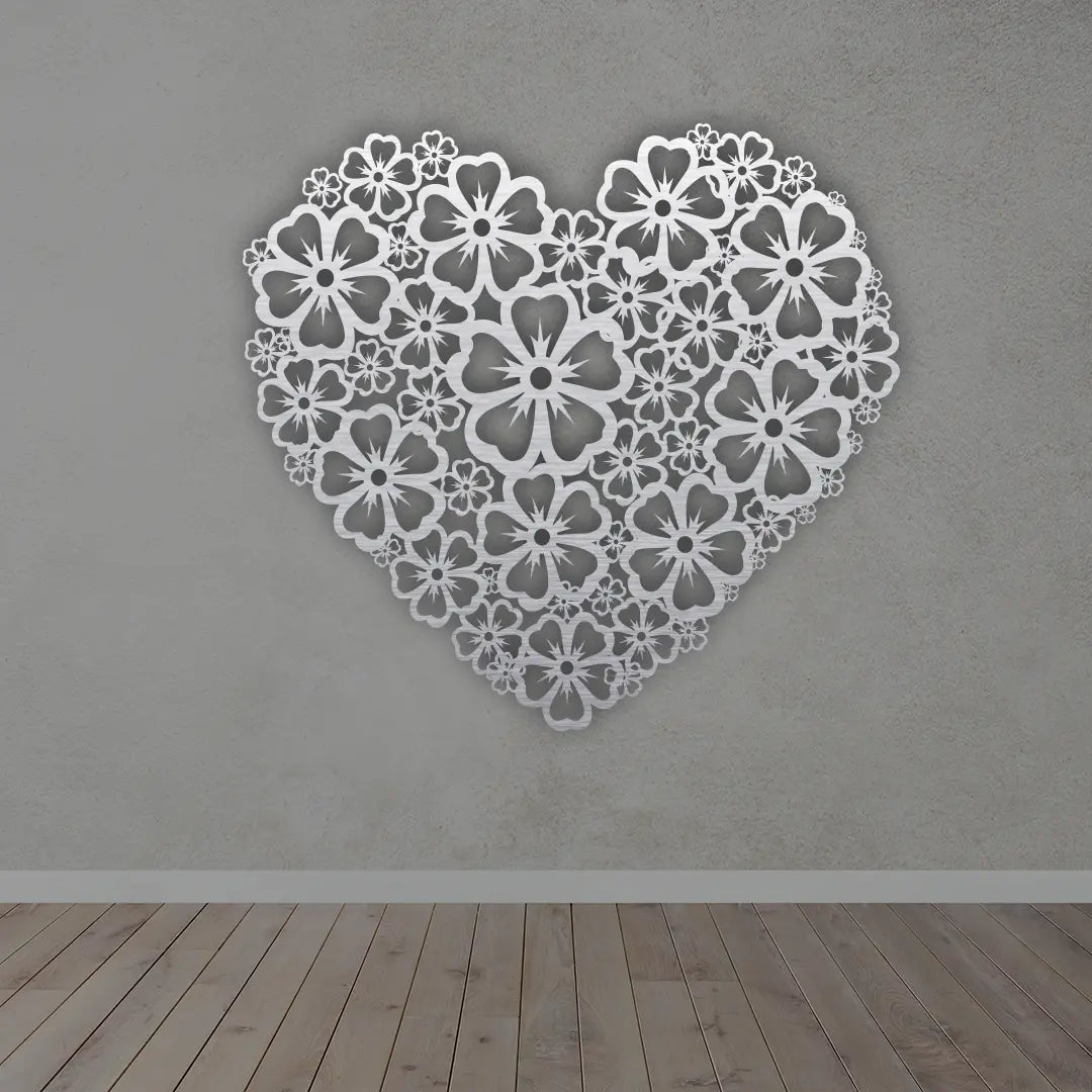 Floral Heart Metal Wall Art Sign in silver finished
