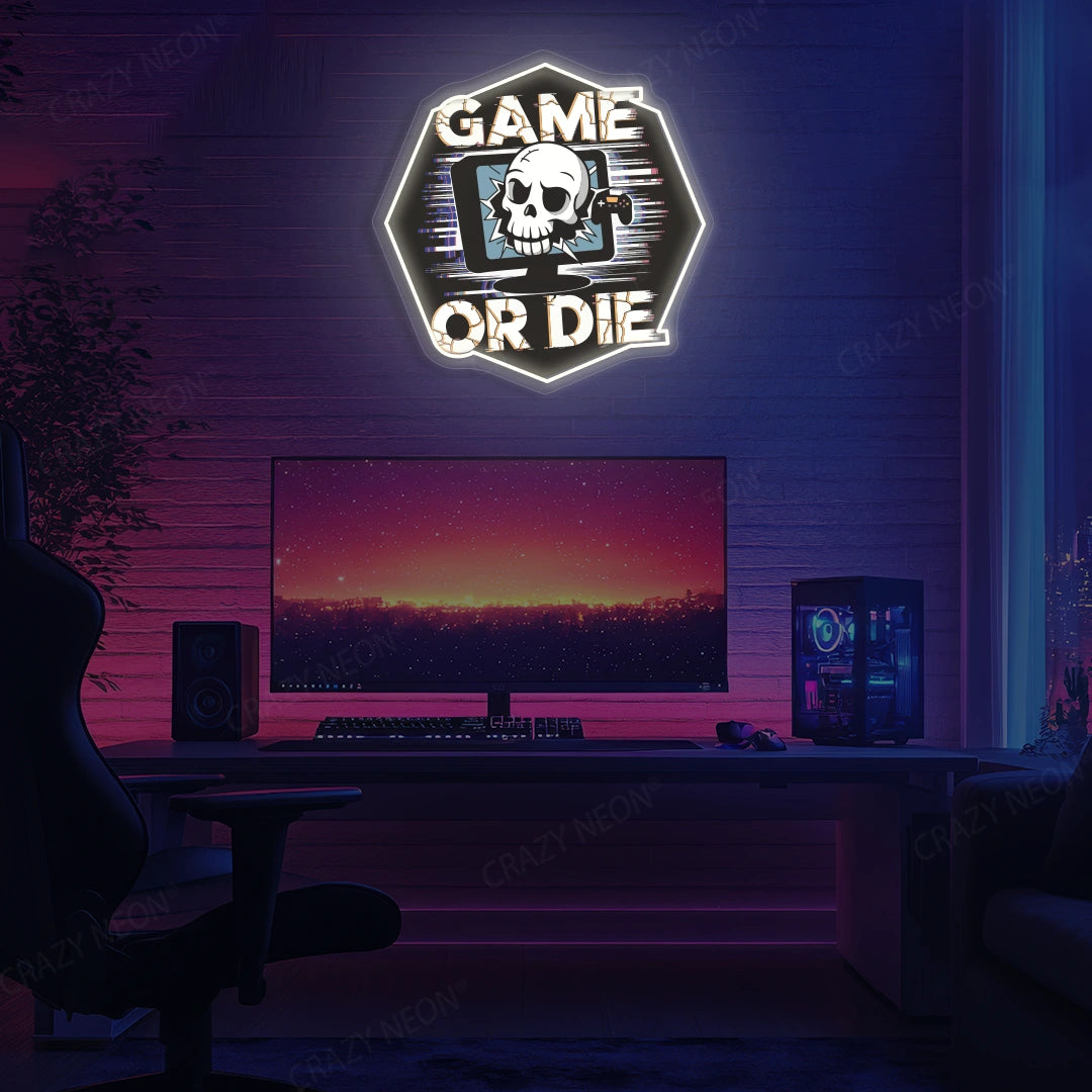 Game Or Die Neon Artwork in White color