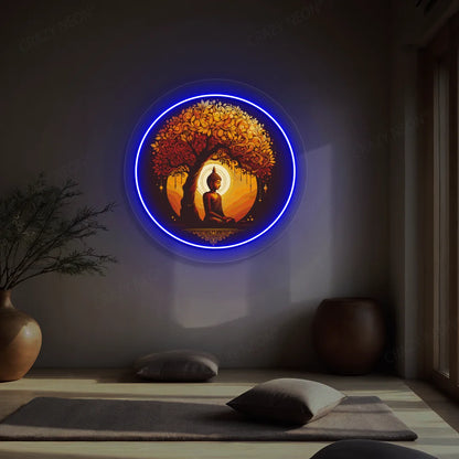 Golden Bodhi Buddha Neon Artwork lighting up in blue color in a yoga room