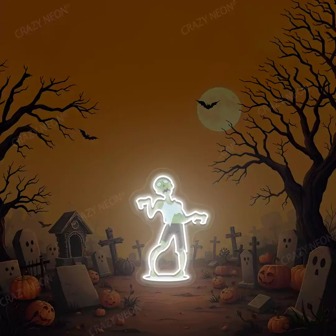 Cemetery Zombie Neon Artwork | White
