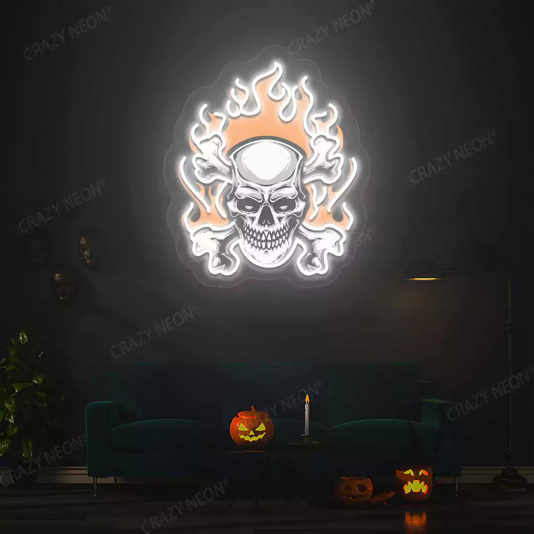Flaming Skull Neon Artwork | White