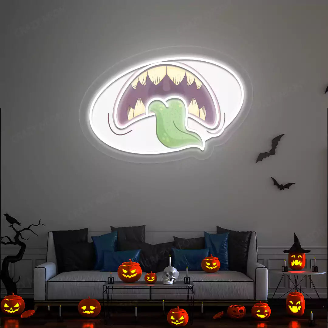 Creepy Monster Mouth Neon Artwork | White